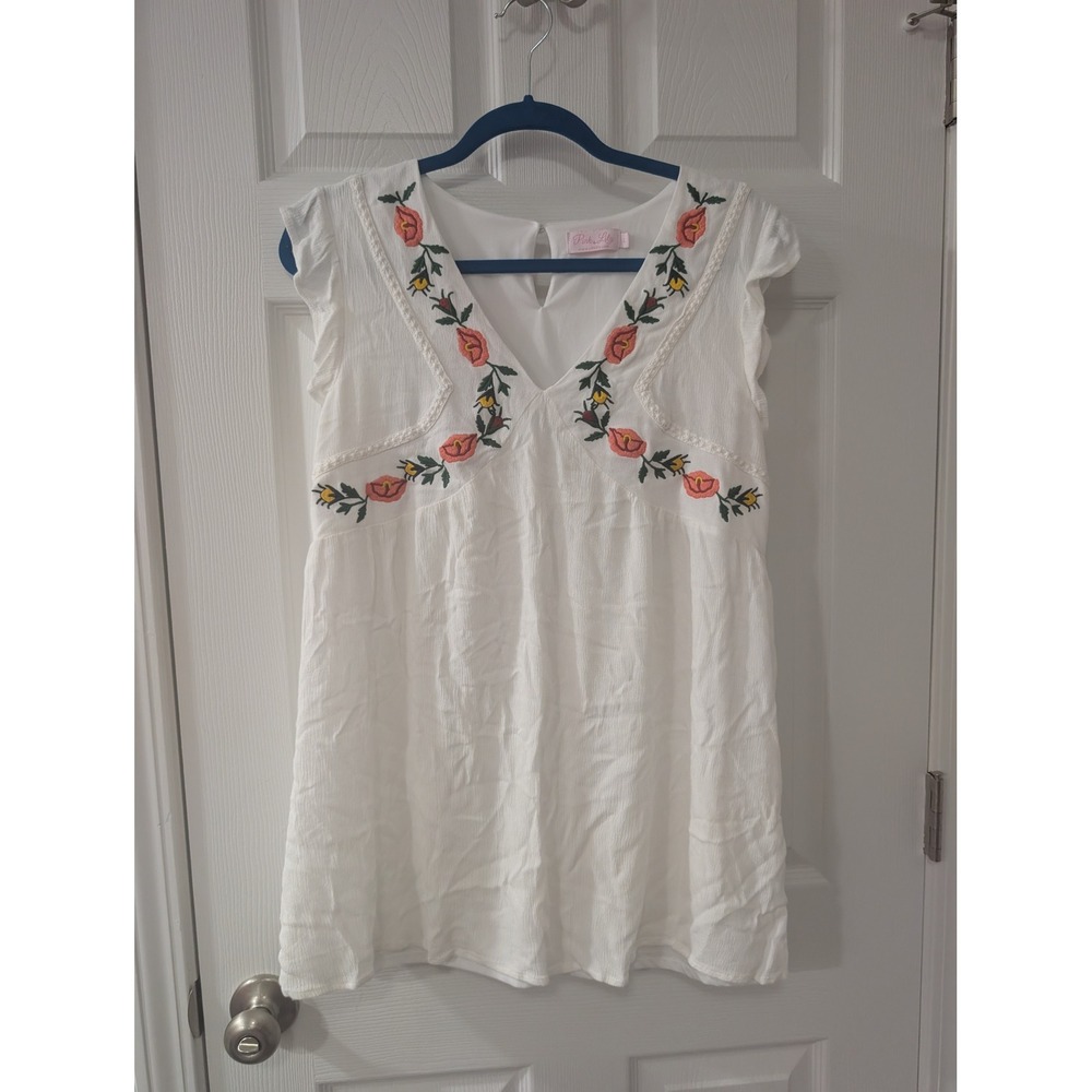 Pink Lily, Large, V-Neck Embroidered White Blouse, Ruffle Sleeve, Babydoll